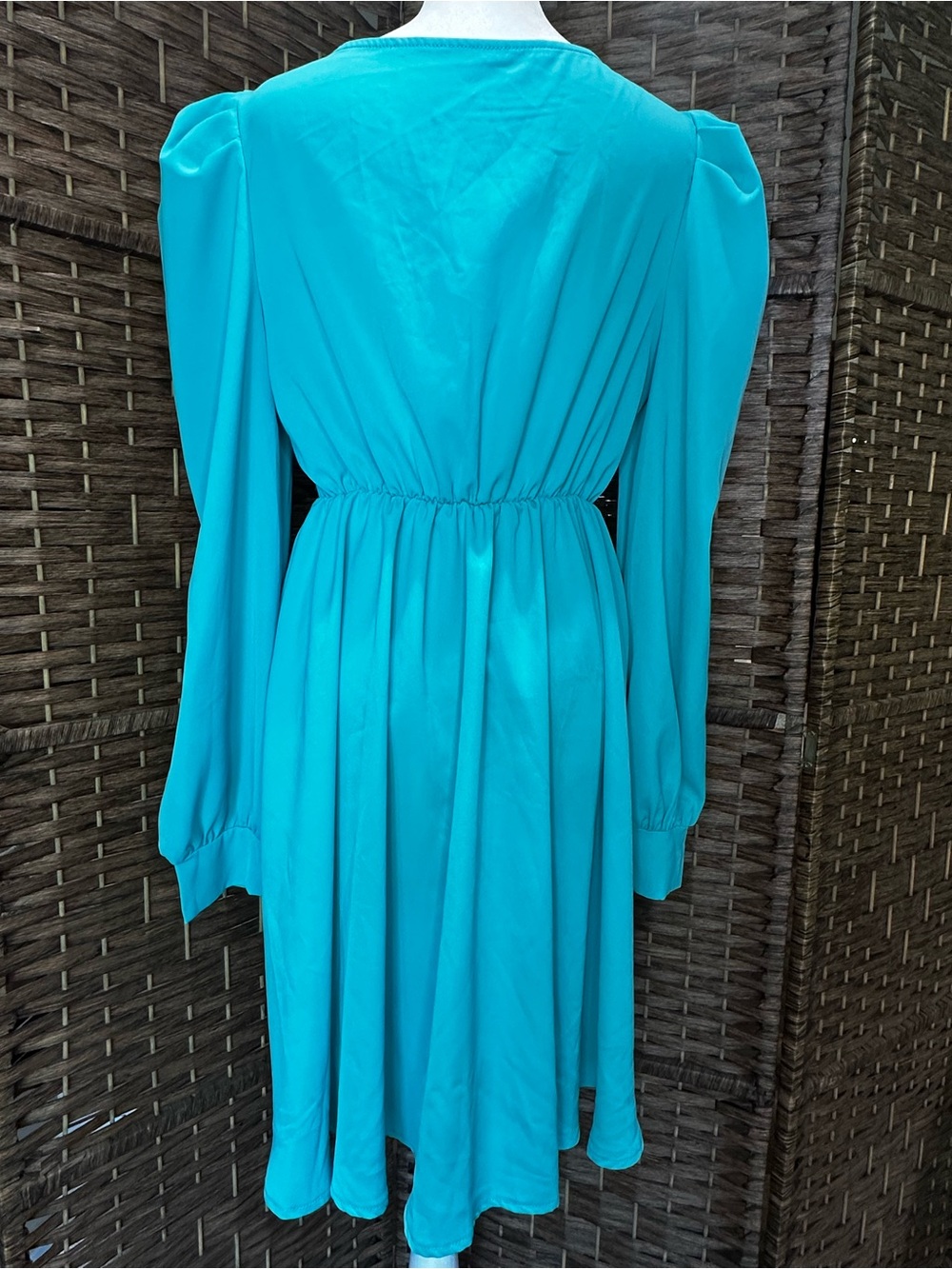 Turquoise V-Neck Puffed Long Sleeve Mini Dress - Picture 5 of 5